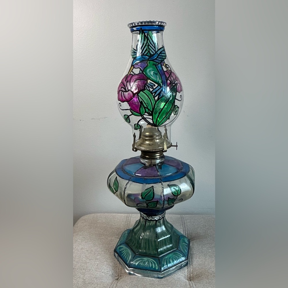 Vintage Hand Painted Glass Oil Lamp Hummingbird Floral Colourful Glass Art